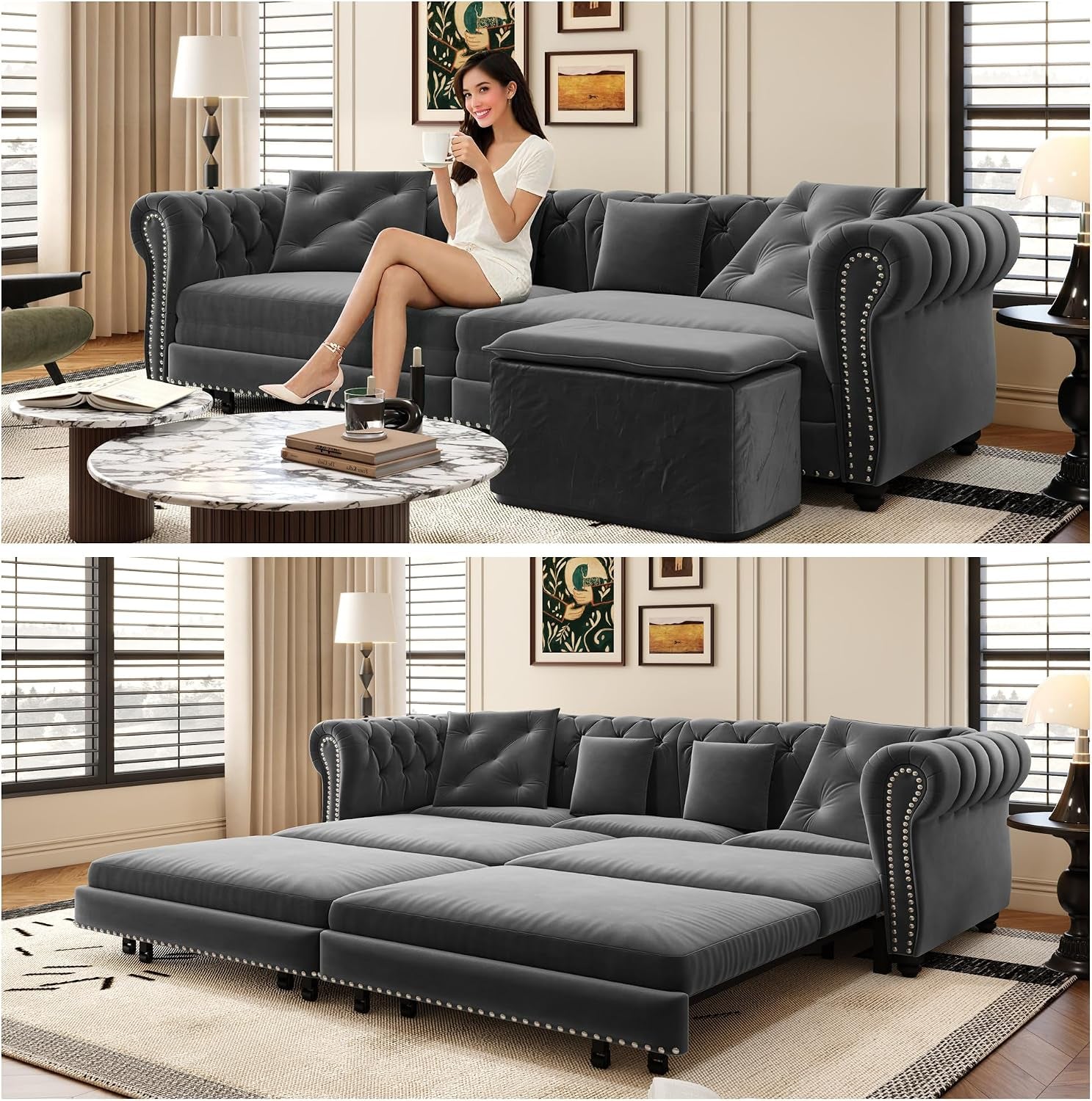 89" King Size Sleeper Sofa Bed, 3-In-1 Convertible Pull Out Chesterfield Sleeper Couch with Ottoman, Oversized Velvet Button Tufted L Shaped Sofa for Living Room Small Spaces, Grey