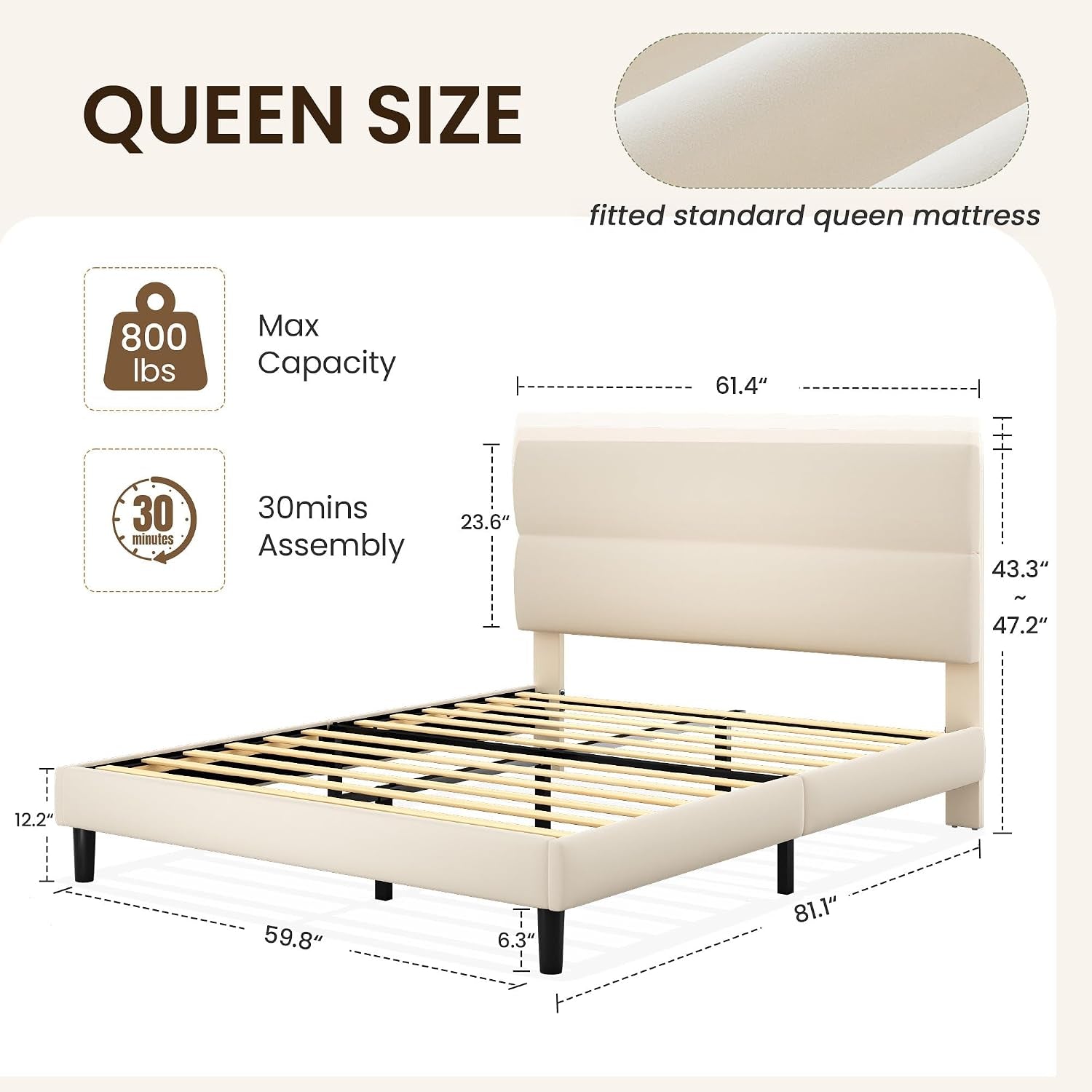 Queen Size Platform Bed Frame with Velvet Headboard, Adjustable Height Wooden Slats Support, Upholstered Mattress Foundation, Fits Mattress or Mattress with Box Spring, Easy Assembly, Beige