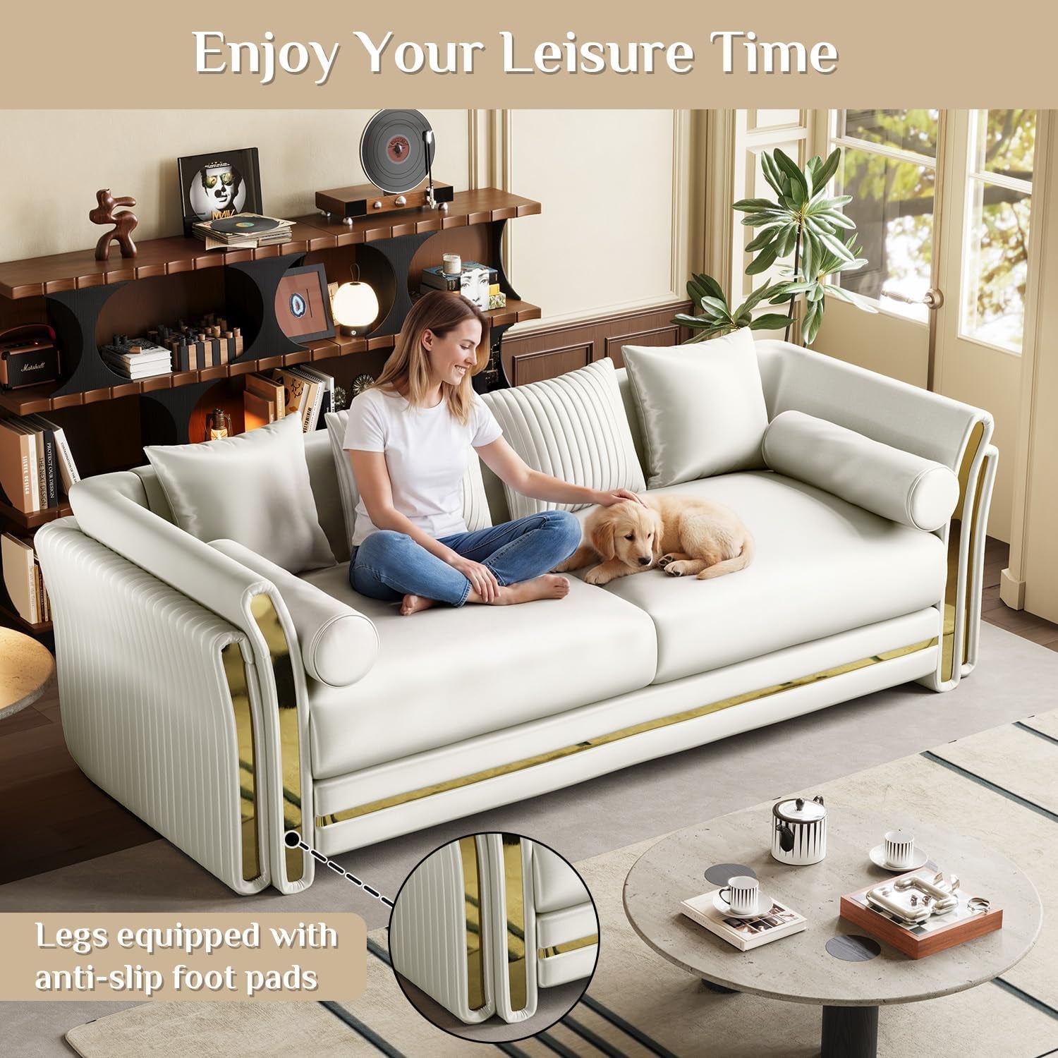 Luxury Chesterfield Loveseat and Sofa Set, Tufted Velvet Gold Couch, White
