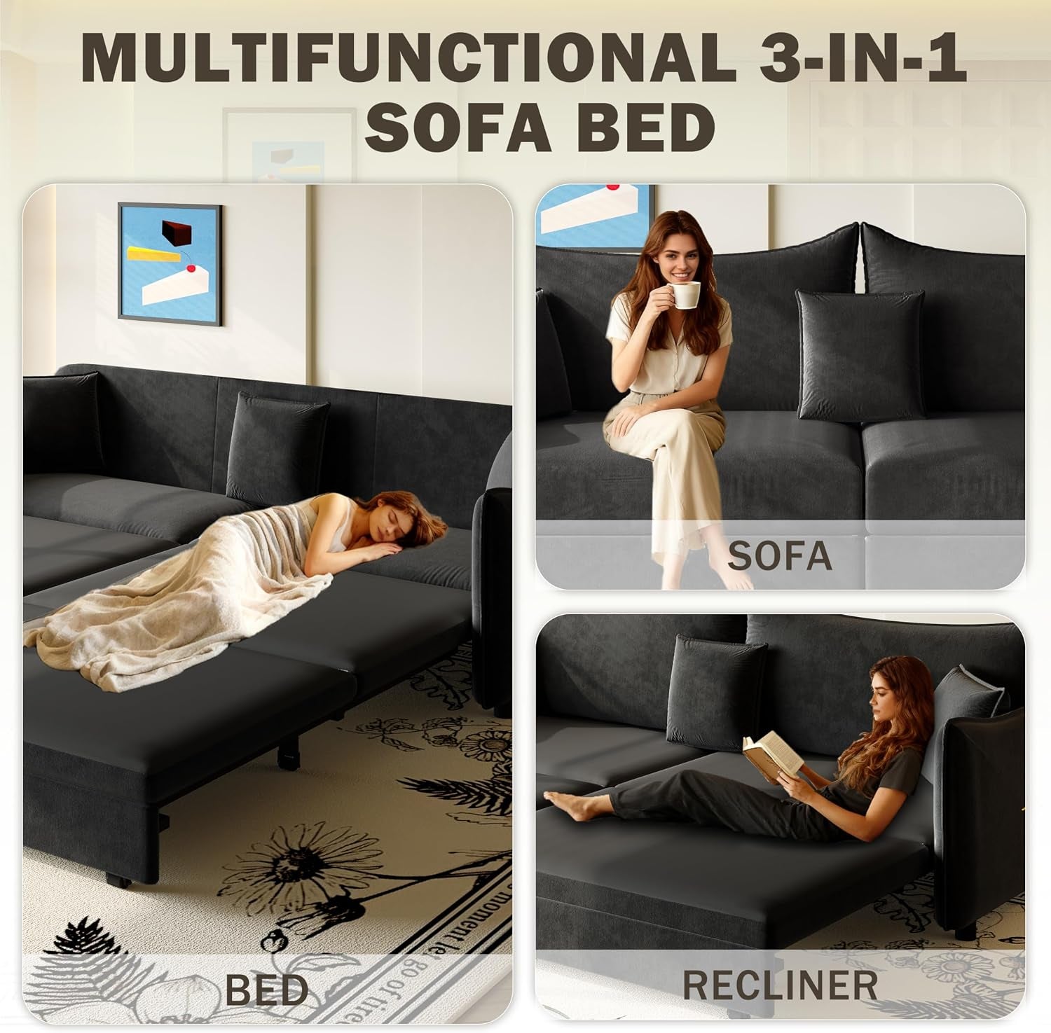 81.9" Sleeper Sofa, 3-In-1 Pull Out Couch Bed with Premium Velvet Upholstery, Perfect for Movie Nights, Overnight Guests, and Modern Home Decor