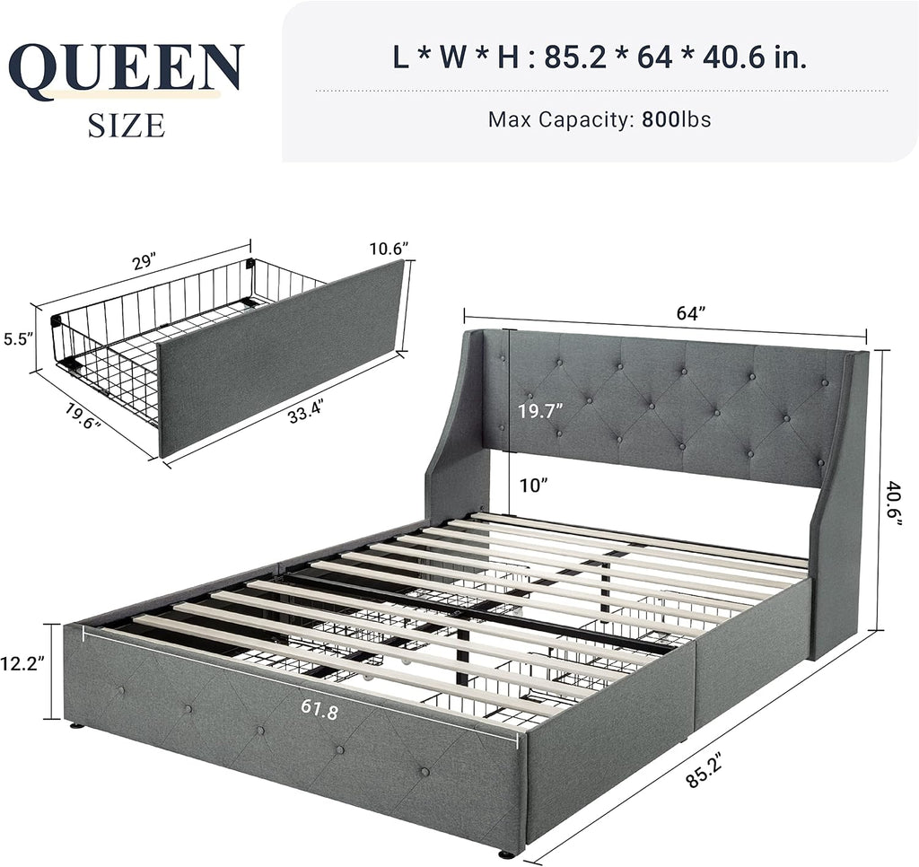 Queen Bed Frame with 4 Storage Drawers and Wingback Headboard, Button Tufted Design, No Box Spring Needed, Light Grey