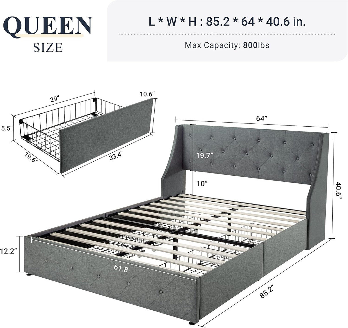 Queen Bed Frame with 4 Storage Drawers and Wingback Headboard, Button Tufted Design, No Box Spring Needed, Light Grey
