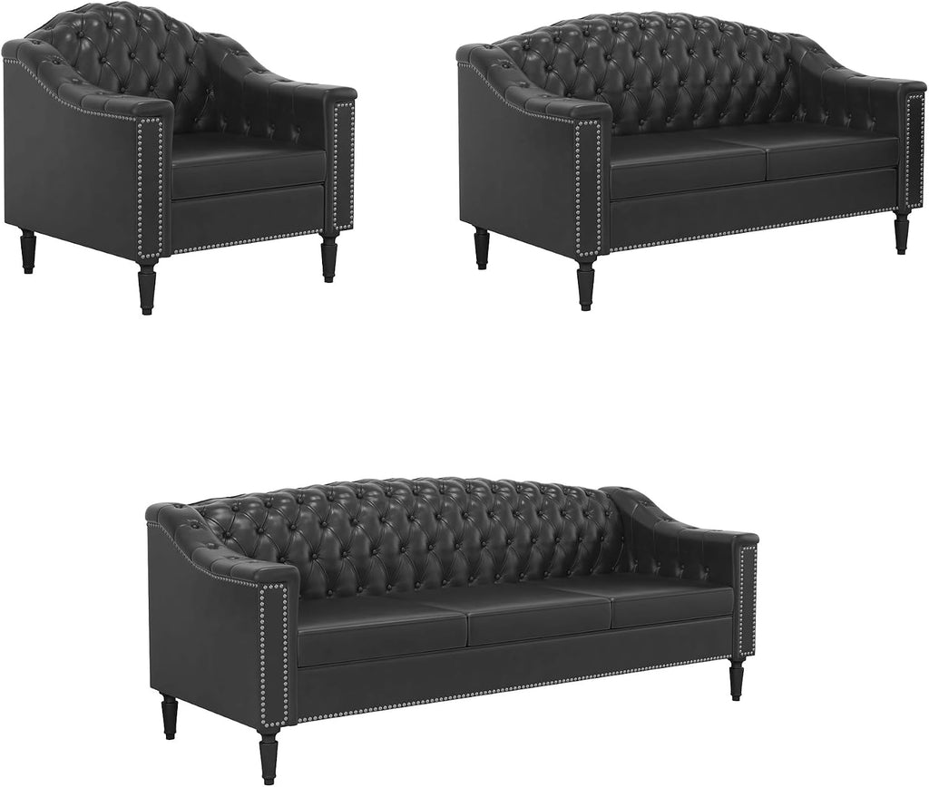 3-Piece Living Room Sofa Set, Chesterfield Sofa Mid-Century Modern PU Sofa, Upholstered Couch with Nailhead Trim and Button Tufted for Living Room, Office, Bedroom (1+2+3 Seat Black)