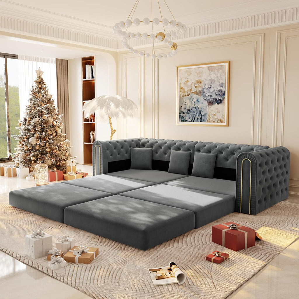 90.6" King Size Sleeper Sofa Bed, 3-In-1 Convertible Foldable Chesterfield Floor Couch with Ottoman, Oversized Velvet Button Tufted L Shaped Sofa for Living Room Small Spaces, Dark Grey