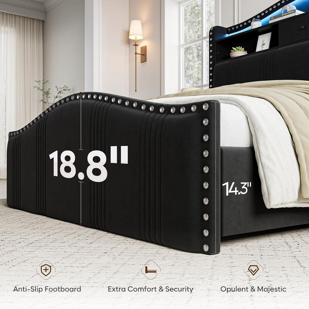 51.5" Queen Size Bed Frame with Headboard and Storage | Velvet Upholstered Bed Frame with LED Lights & Charging Station | No Box Spring Needed Tall Footboard Black