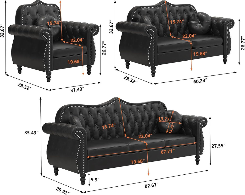 Chesterfield 3-Piece Living Room Sectional Sofa Set, Mid-Century Modern Upholstered PU Sofa Couch, Classic Tufted Button Sofa with Nailhead Trim for Living Room, Office (Black)