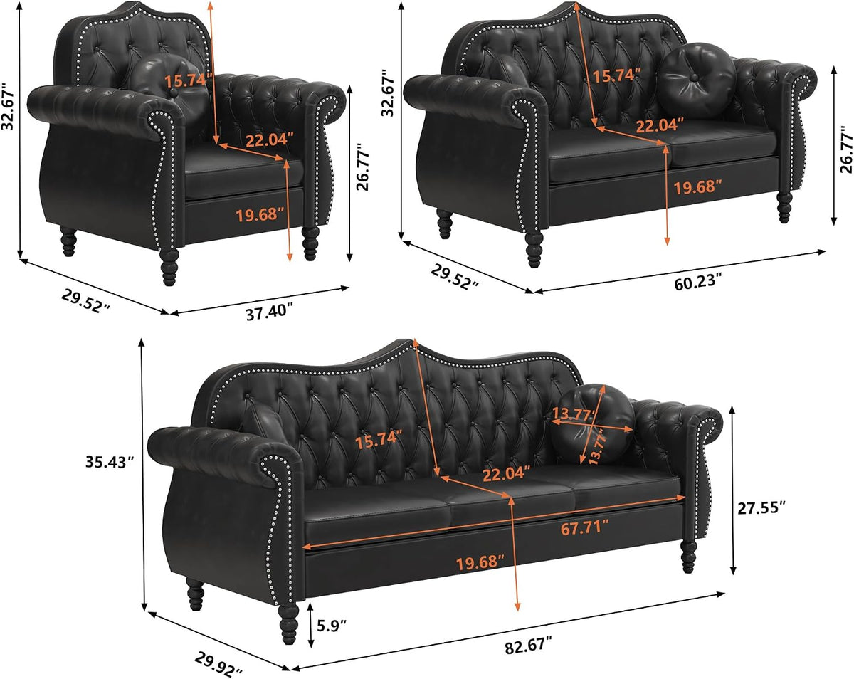 Chesterfield 3-Piece Living Room Sectional Sofa Set, Mid-Century Modern Upholstered PU Sofa Couch, Classic Tufted Button Sofa with Nailhead Trim for Living Room, Office (Black)