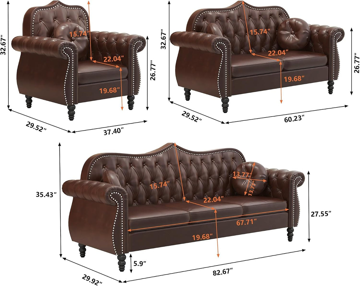 Chesterfield 3-Piece Living Room Sectional Sofa Set, Mid-Century Modern Upholstered PU Couch, Classic Tufted Button Sofa with Nailhead Trim for Living Room, Office (Brown)