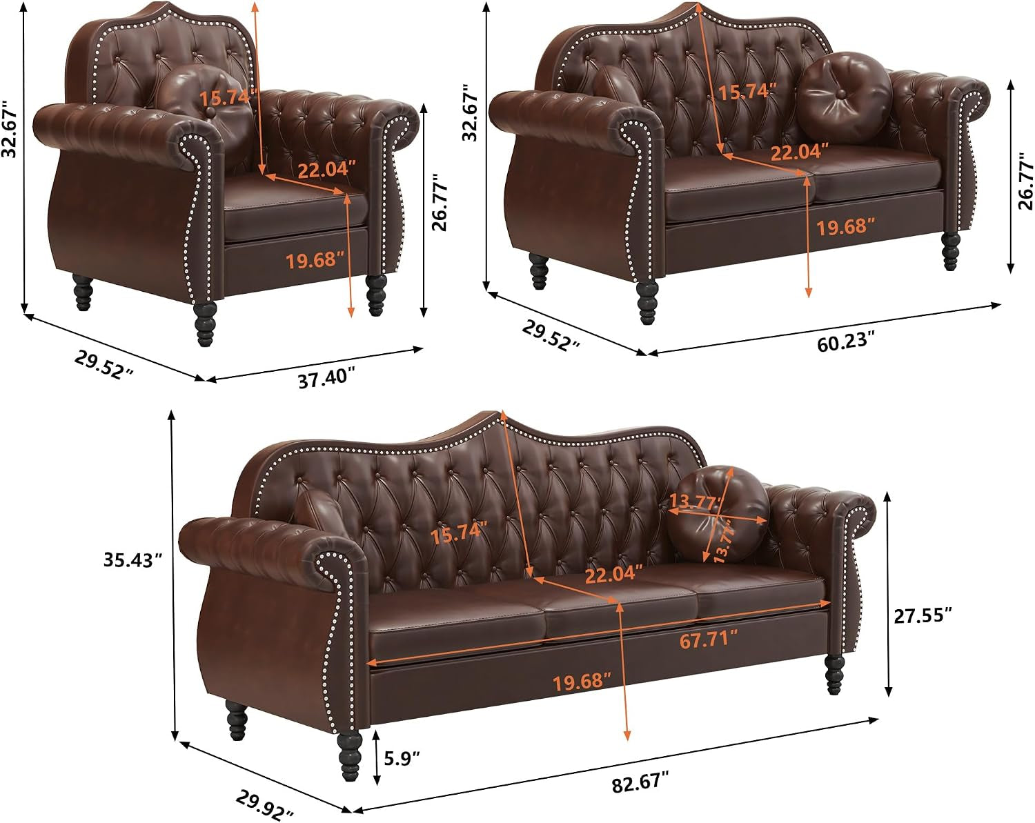 Chesterfield 2-Piece Living Room Sectional Sofa Set, Mid-Century Modern Upholstered PU Sofa Couch, Classic Tufted Button Sofa with Nailhead Trim for Living Room, Office (1+3 Seat Brown)