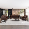 Chesterfield 3-Piece Living Room Sectional Sofa Set, Mid-Century Modern Upholstered PU Couch, Classic Tufted Button Sofa with Nailhead Trim for Living Room, Office (Brown)