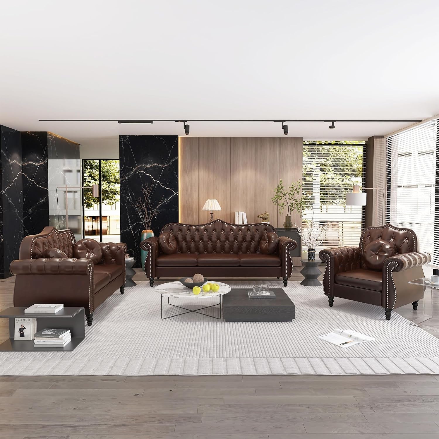 Chesterfield 3-Piece Living Room Sectional Sofa Set, Mid-Century Modern Upholstered PU Couch, Classic Tufted Button Sofa with Nailhead Trim for Living Room, Office (Brown)