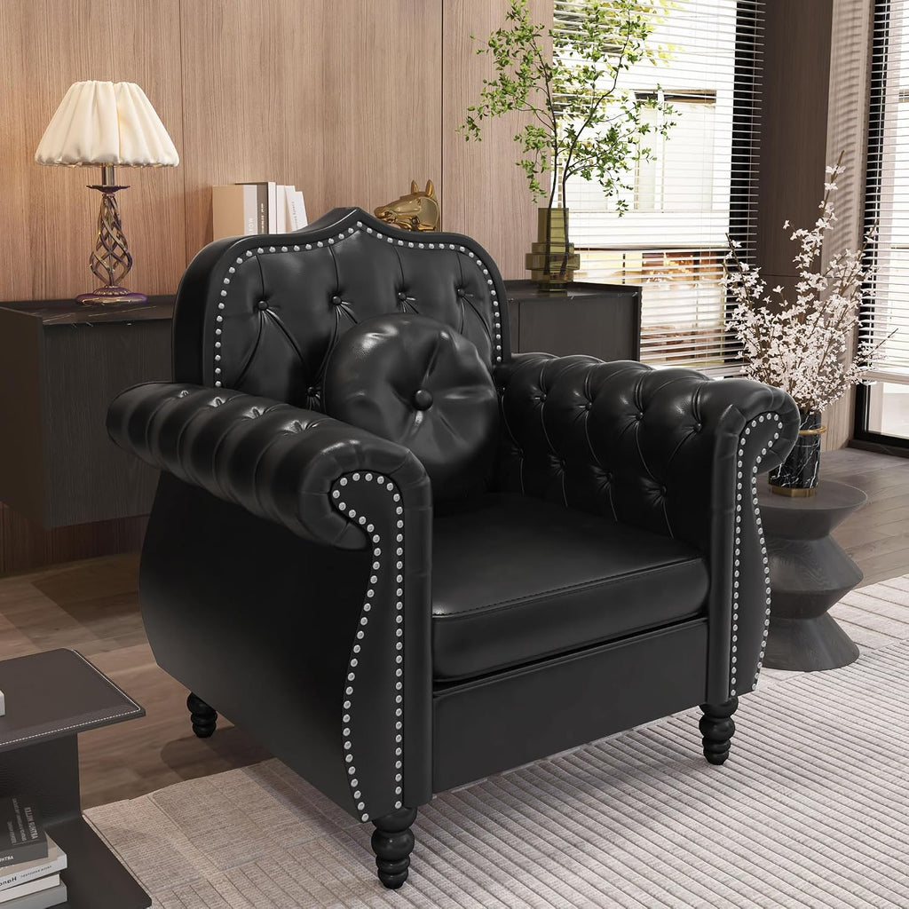 Chesterfield 3-Piece Living Room Sectional Sofa Set, Mid-Century Modern Upholstered PU Sofa Couch, Classic Tufted Button Sofa with Nailhead Trim for Living Room, Office (Black)