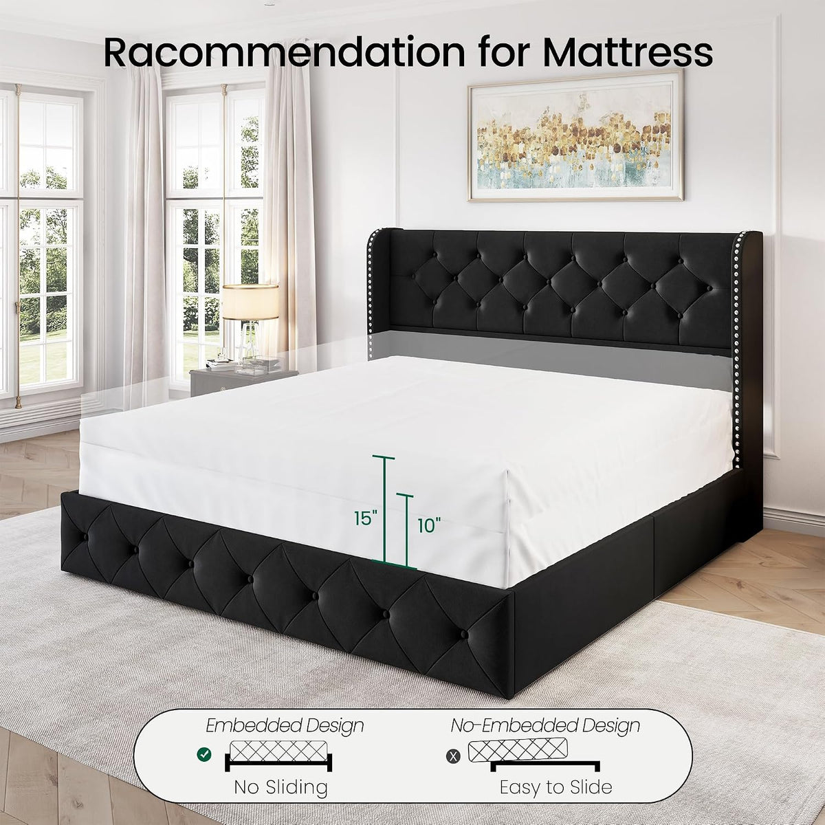 Queen Size Bed Frame with 4 Storage Drawers and 47.2" Tall Wingback Headboard Upholstered Platform Beds Velvet Tufted Bed Frame with Wooden Slats Support, Easy Assembly, Black