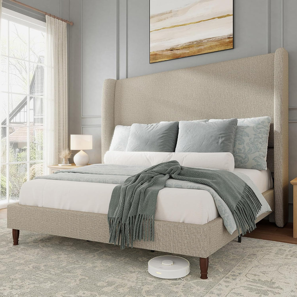 Bed Frame Queen Size Tall Wingback Headboard Upholstered, Brown