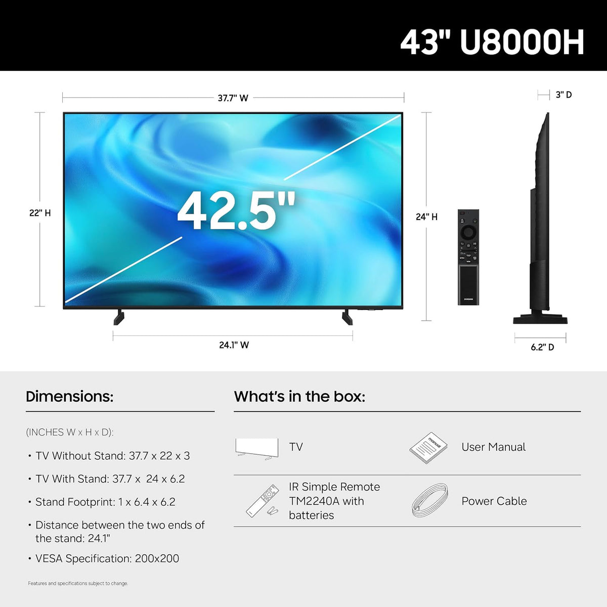 Samsung 43-Inch Class U8000H Series Crystal UHD, 4K, Smart TV, 2026 Model