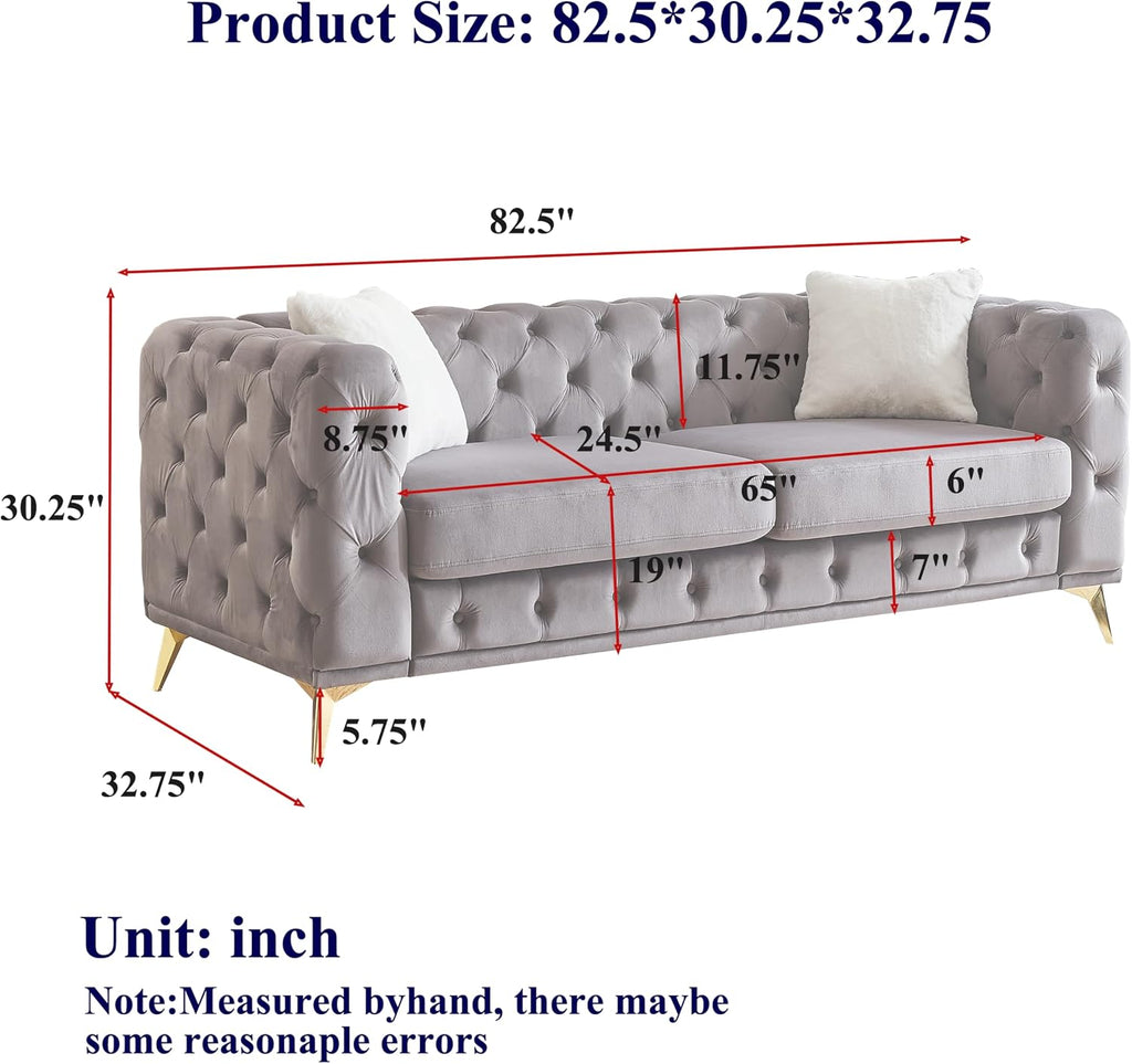 2-Piece Luxury Chesterfield Sofa Set with 2 Velvet 3-Seater Sofa, Mid-Century 6-Seater Tufted Buttons Couch Set with 4 Pillows & High-Density Foam Cushions, Easy Assembly, for Living Room, Grey