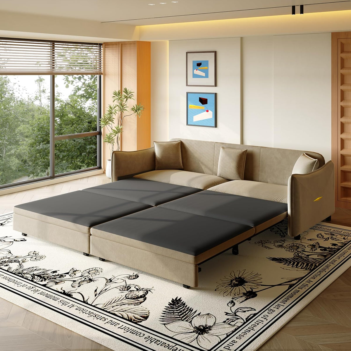 81.9" King Pull-Out Sofa Bed, 3-In-1 Convertible Sleeper Couch with Modern Velvet Fabric & Gold Accents, Space-Saving 3-Seater Sofa Bed for Apartments, Living Rooms & Small Space Modern Living