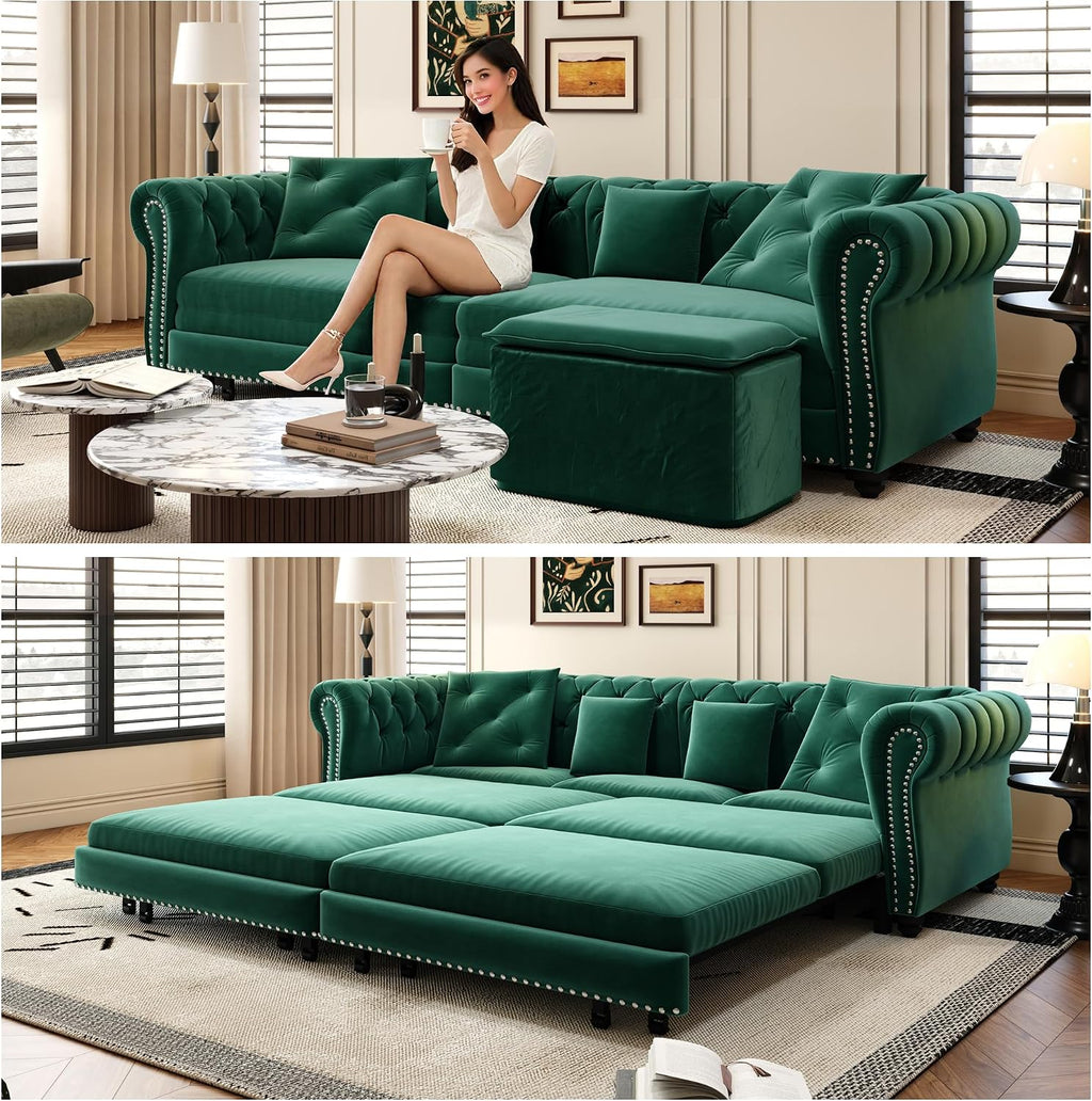 89" King Size Sleeper Sofa Bed, 3-In-1 Convertible Pull Out Chesterfield Sleeper Couch with Ottoman, Oversized Velvet Button Tufted L Shaped Sofa for Living Room Small Spaces (Green)
