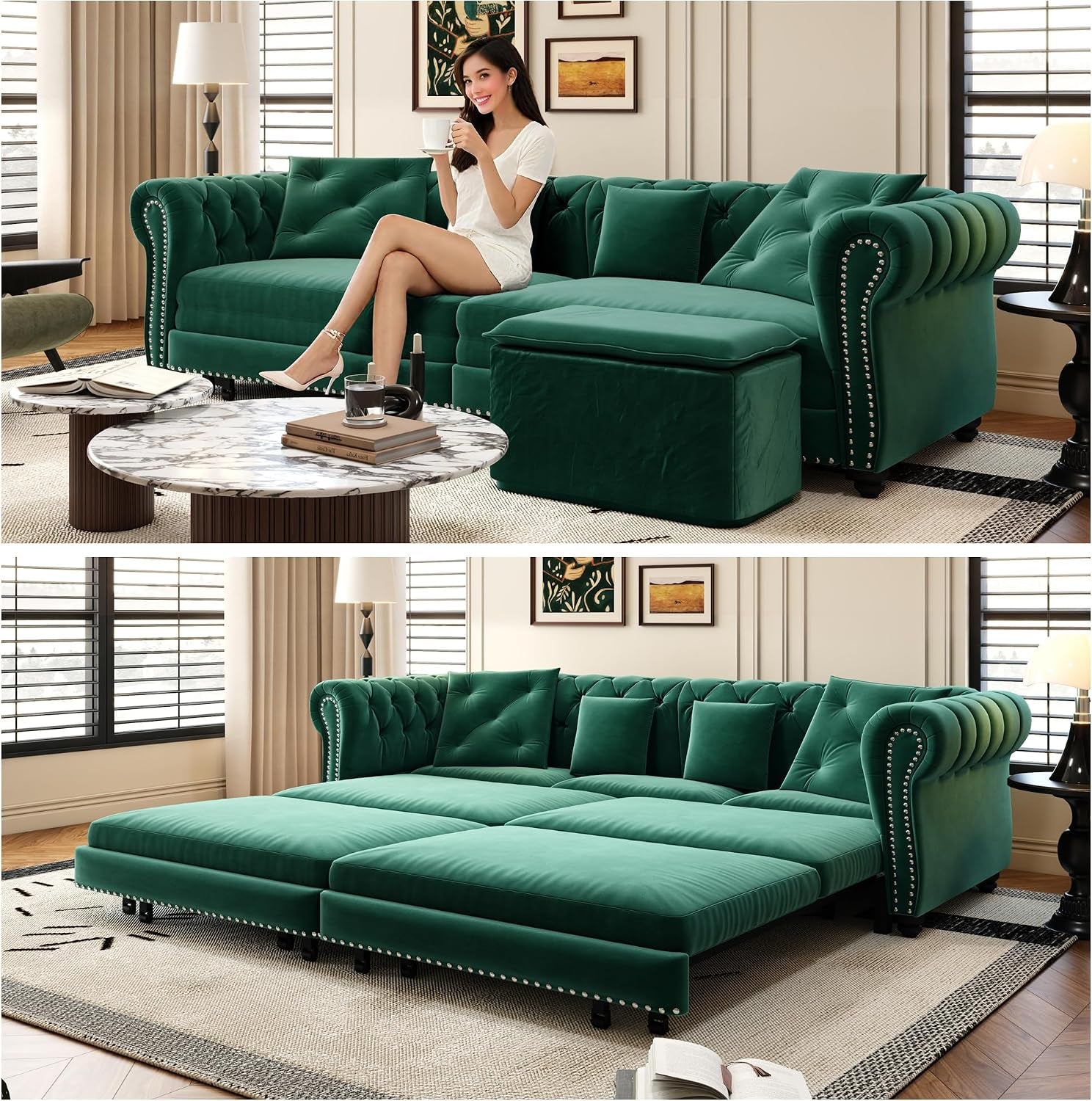 89" King Size Sleeper Sofa Bed, 3-In-1 Convertible Pull Out Chesterfield Sleeper Couch with Ottoman, Oversized Velvet Button Tufted L Shaped Sofa for Living Room Small Spaces (Green)
