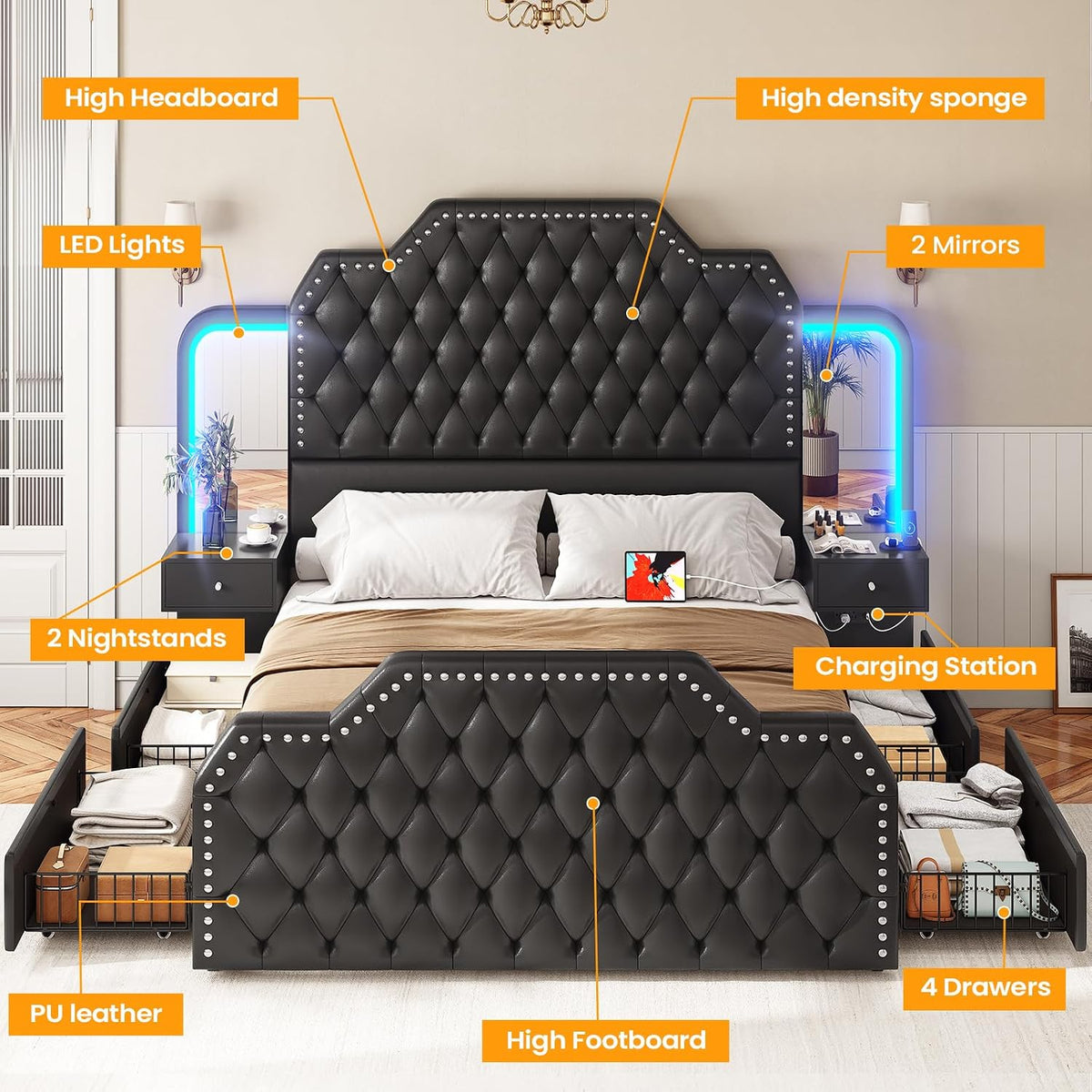 Queen Bed Frame with 53" Tall Headboard and 4 Storage Drawers, PU Leather Upholstered Platform Bed Frame, Built in Charging Station & Led, 2 Nightstands with Mirror, Black