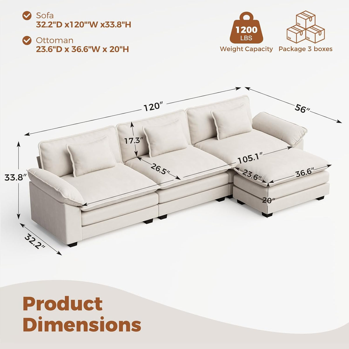 120" Modular Sectional Sofa, Comfy L-Shaped Cloud Couch with Movable Ottoman, Oversized 4-Seater Velvet Deep Seat Sofa Couch for Living Room, DIY Combination, Beige