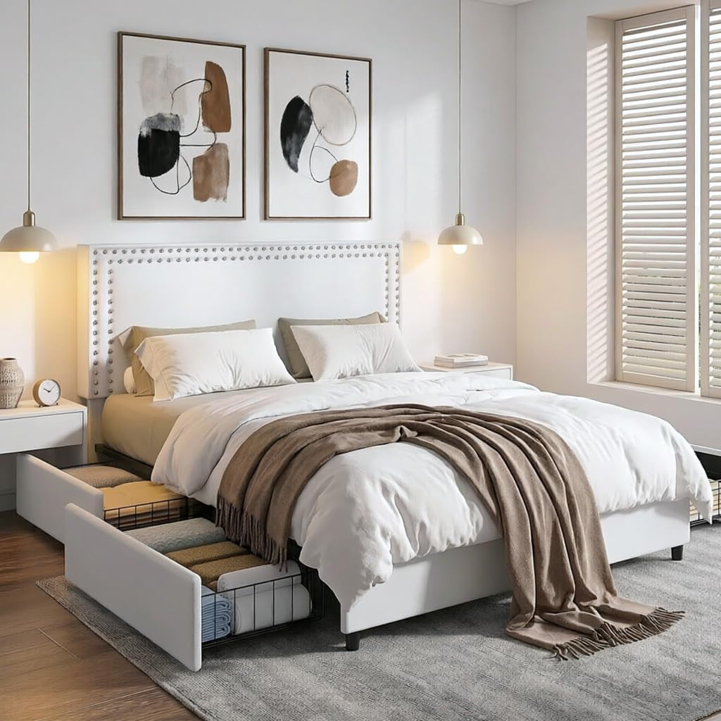 Queen Size Upholstered Bed Frame with 4 Storage Drawers, Adjustable Velvet Rivet Decor Headboard, Wooden Slats Platform Support, No Box Spring Needed, Easy Assembly,White