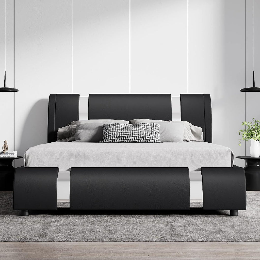 Queen Bed Frame with Iron Pieces Decor, Faux Leather, Black