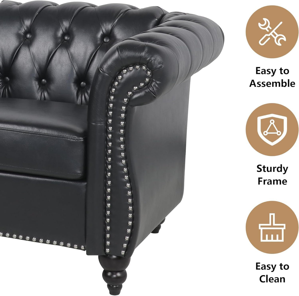 3-Piece Living Room Sectional Sofa Set, Upholstered Sofa Modern Sofa Couches Set Style Button Tufted, PU Chesterfield Sofa for Living Room Apartment, 1+2+3 Seat PU Black