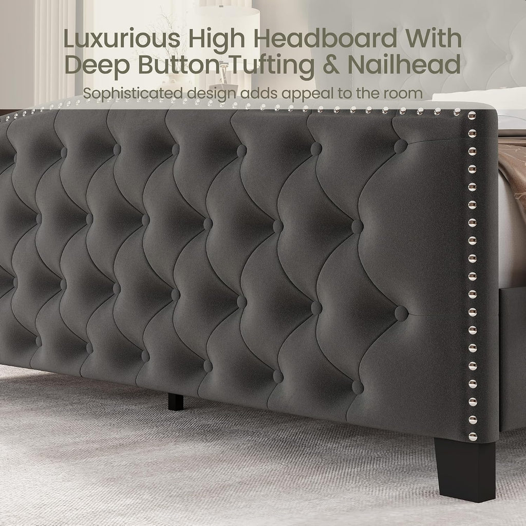 Queen Size Bed Frame Velvet Upholstered Platform Bed with Wingback Headboard & Footbaord, Deep Button Tufted Bed Frame with Wood Slats Support, No Box Spring Needed, Grey