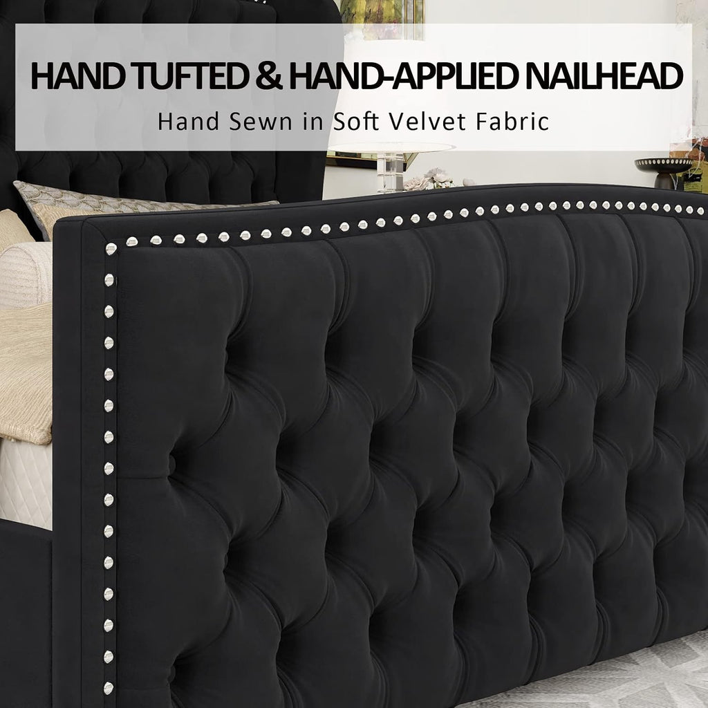 Queen Size Bed Frame with Velvet Upholstered Wingback Headboard