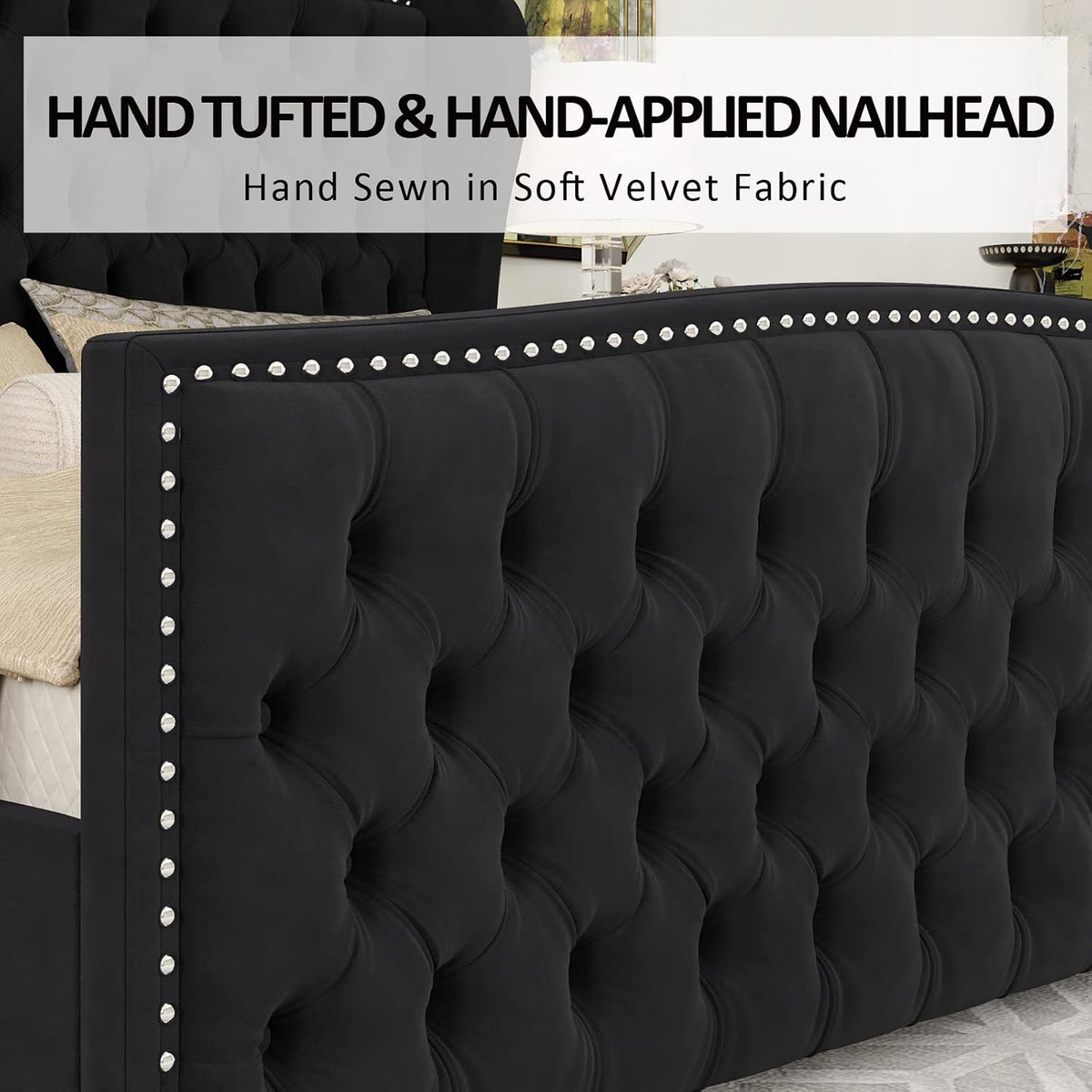 Queen Size Bed Frame with Velvet Upholstered Wingback Headboard