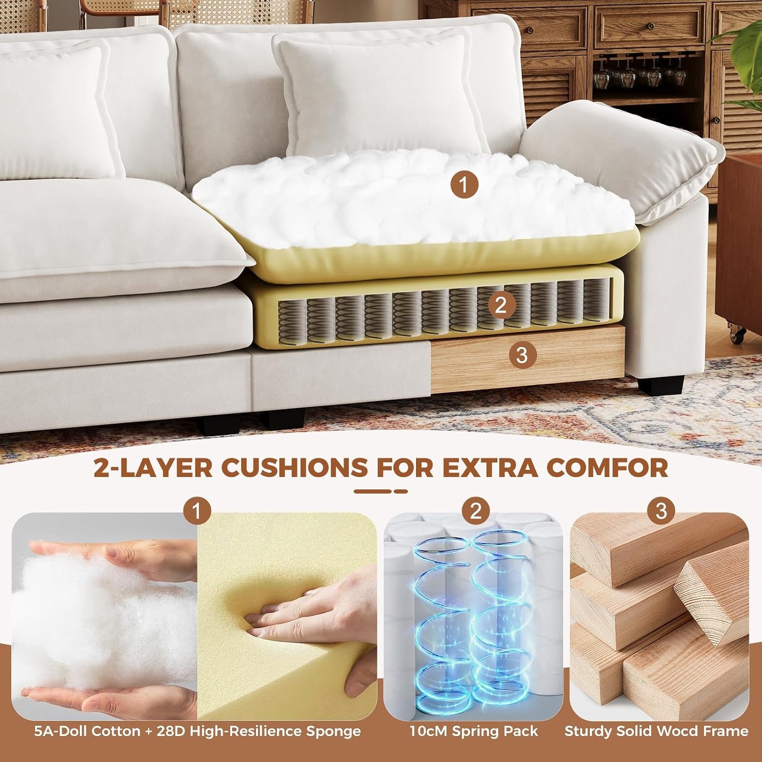 120" Modular Sectional Sofa, Comfy L-Shaped Cloud Couch with Movable Ottoman, Oversized 4-Seater Velvet Deep Seat Sofa Couch for Living Room, DIY Combination, Beige