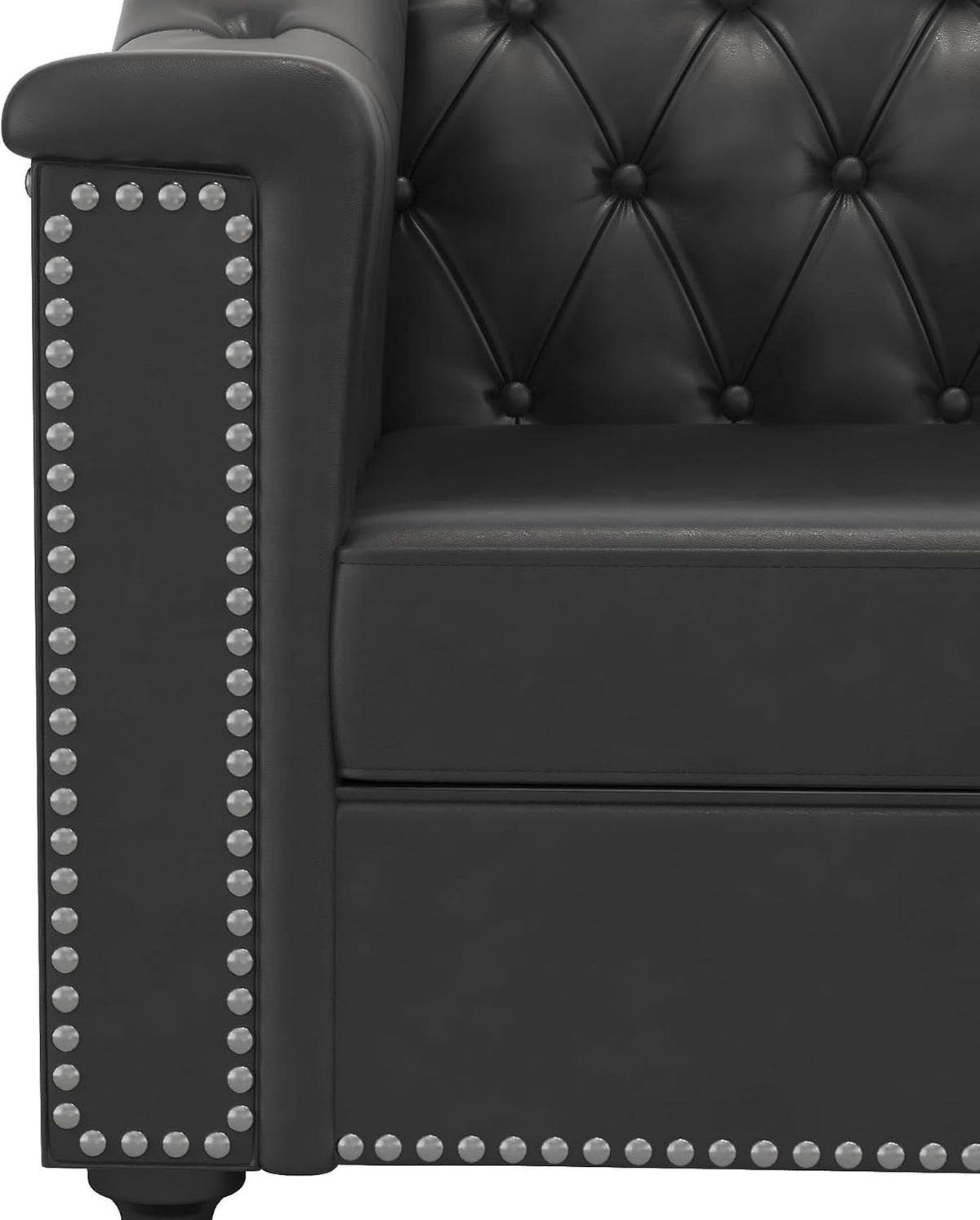 3-Piece Living Room Sofa Set, Chesterfield Sofa Mid-Century Modern PU Sofa, Upholstered Couch with Nailhead Trim and Button Tufted for Living Room, Office, Bedroom (1+2+3 Seat Black)