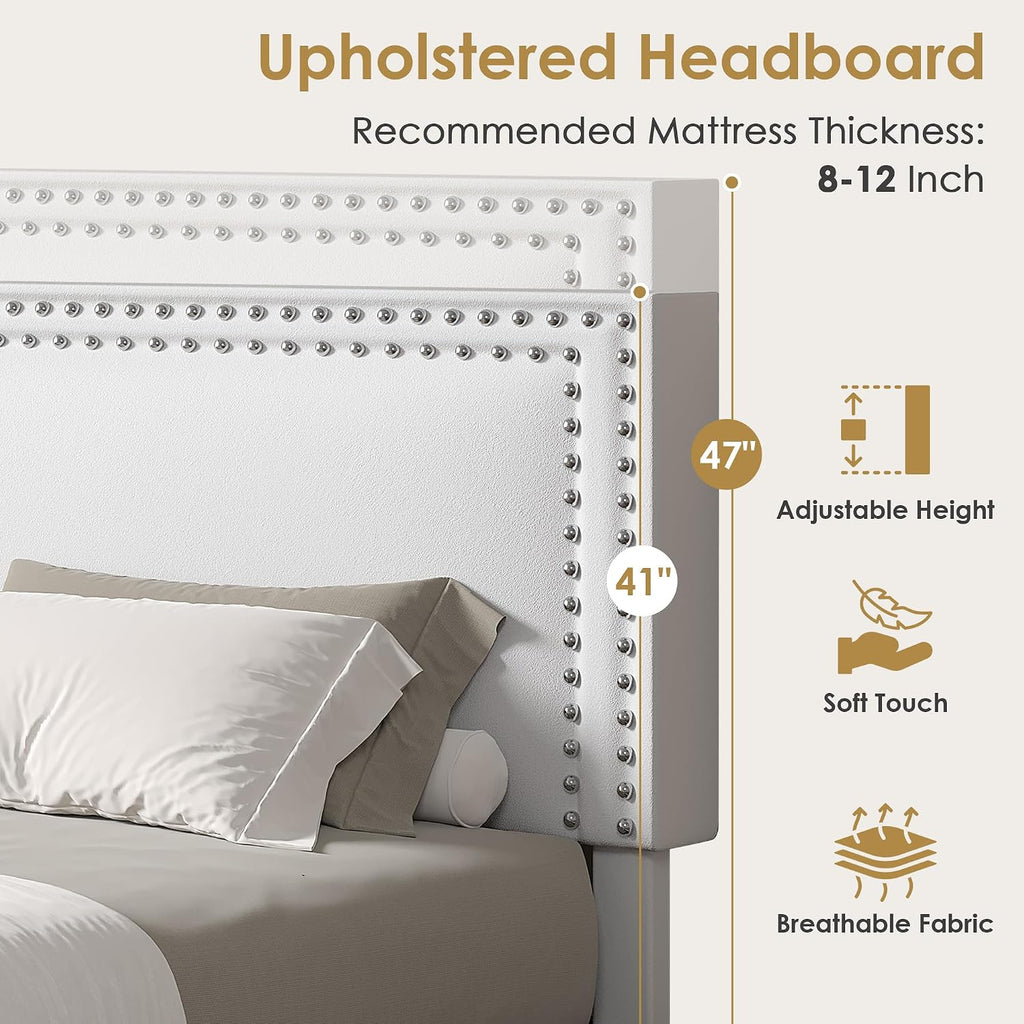 Queen Size Upholstered Bed Frame with 4 Storage Drawers, Adjustable Velvet Rivet Decor Headboard, Wooden Slats Platform Support, No Box Spring Needed, Easy Assembly,White