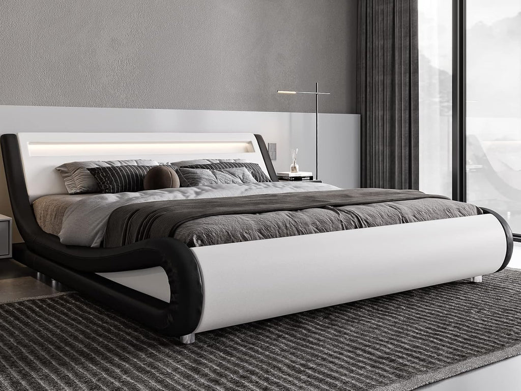 King Size LED Bed Frame with Adjustable Headboard, Black and White
