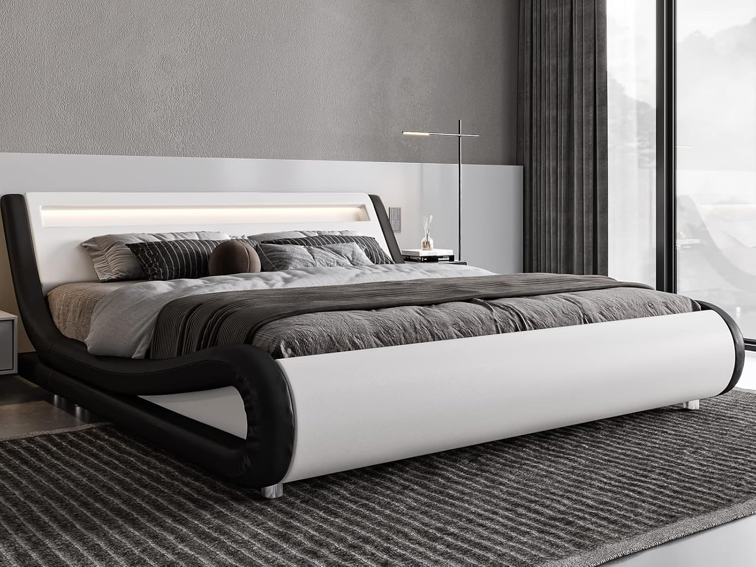 King Size LED Bed Frame with Adjustable Headboard, Black and White