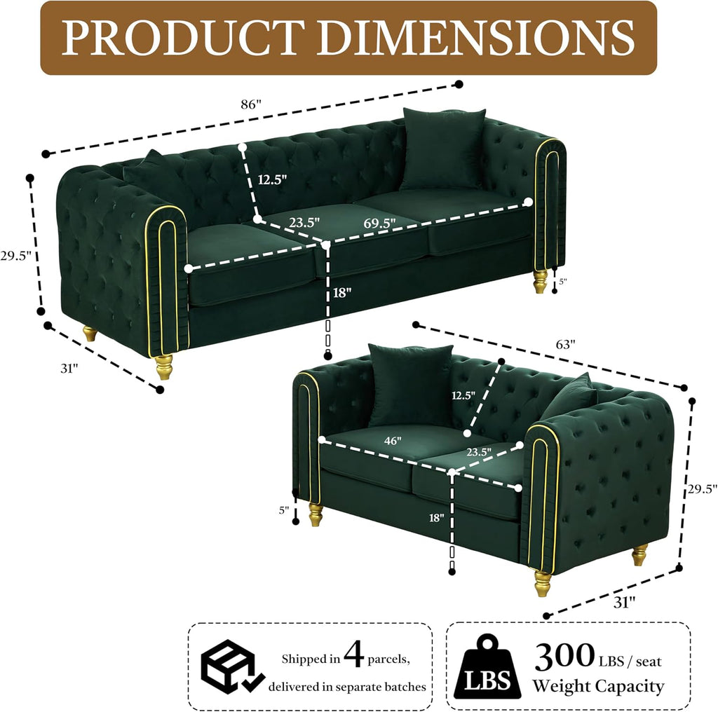 Chesterfield 86" 3-Seater + 63" Loveseat Green Velvet Sofa Sets, 3+2-Seater Couch Comfy Sofa, Button Tufted Rolled Arms and Gold Legs (Green, 2 Piece 86" 3-Seater + 63" Loveseat Sofa, Velvet)