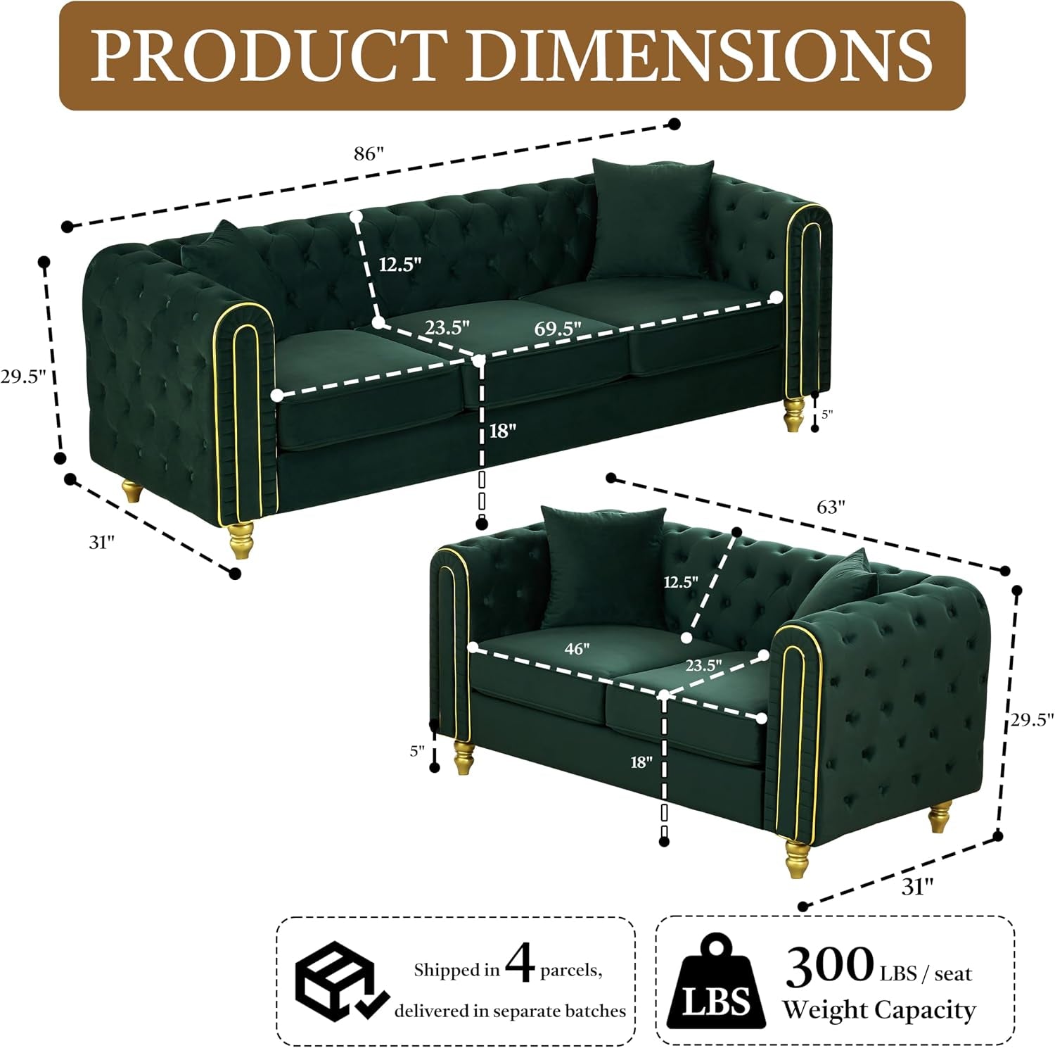 Chesterfield 86" 3-Seater + 63" Loveseat Green Velvet Sofa Sets, 3+2-Seater Couch Comfy Sofa, Button Tufted Rolled Arms and Gold Legs (Green, 2 Piece 86" 3-Seater + 63" Loveseat Sofa, Velvet)