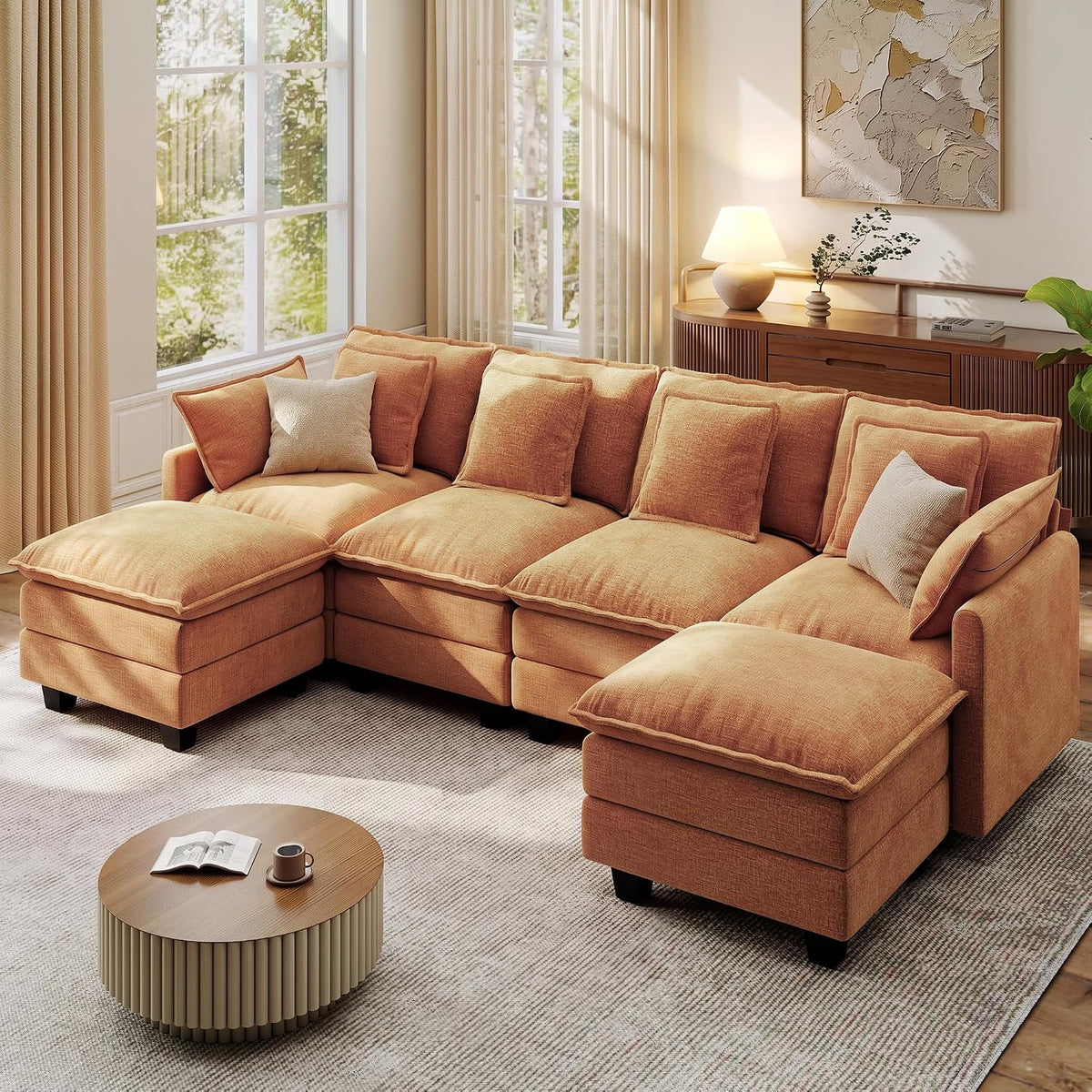 107" Modular Sectional Cloud Sofa, U Shaped 6 Seat Chenille Couch with Movable Ottomans and 48" Deep Seat, Convertible Couches for Living Room, Orange