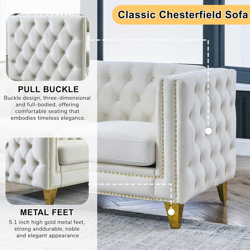 2 Pieces Beige 81" 3-Seater Velvet Sofa Set, Buttons Tufted and Square Arm, Inlaid Gold Nail Heads and 4 Golden Metal Legs for Living Room