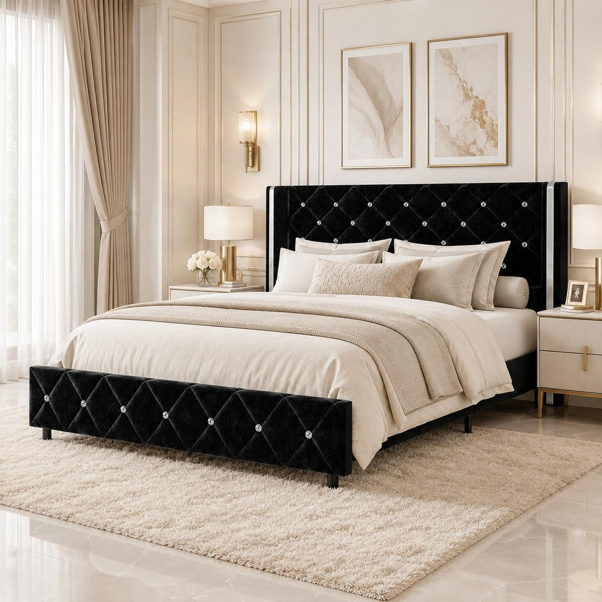Queen Bed Frame with Silverside Wingback Headboard, Black