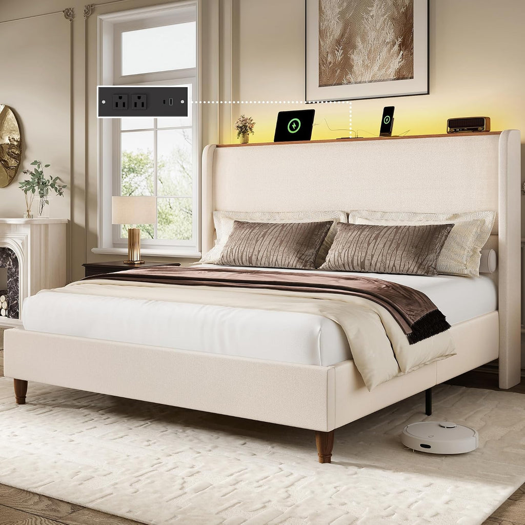 Queen Size Bed Frame with 51.2" Tall Headboard Wingback Linen Upholstered Platform Bed Frame with LED Lights and Charging Station, Storage Shelf, No Box Spring Needed, Noise-Free, Beige