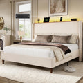 Queen Size Bed Frame with 51.2" Tall Headboard Wingback Linen Upholstered Platform Bed Frame with LED Lights and Charging Station, Storage Shelf, No Box Spring Needed, Noise-Free, Beige