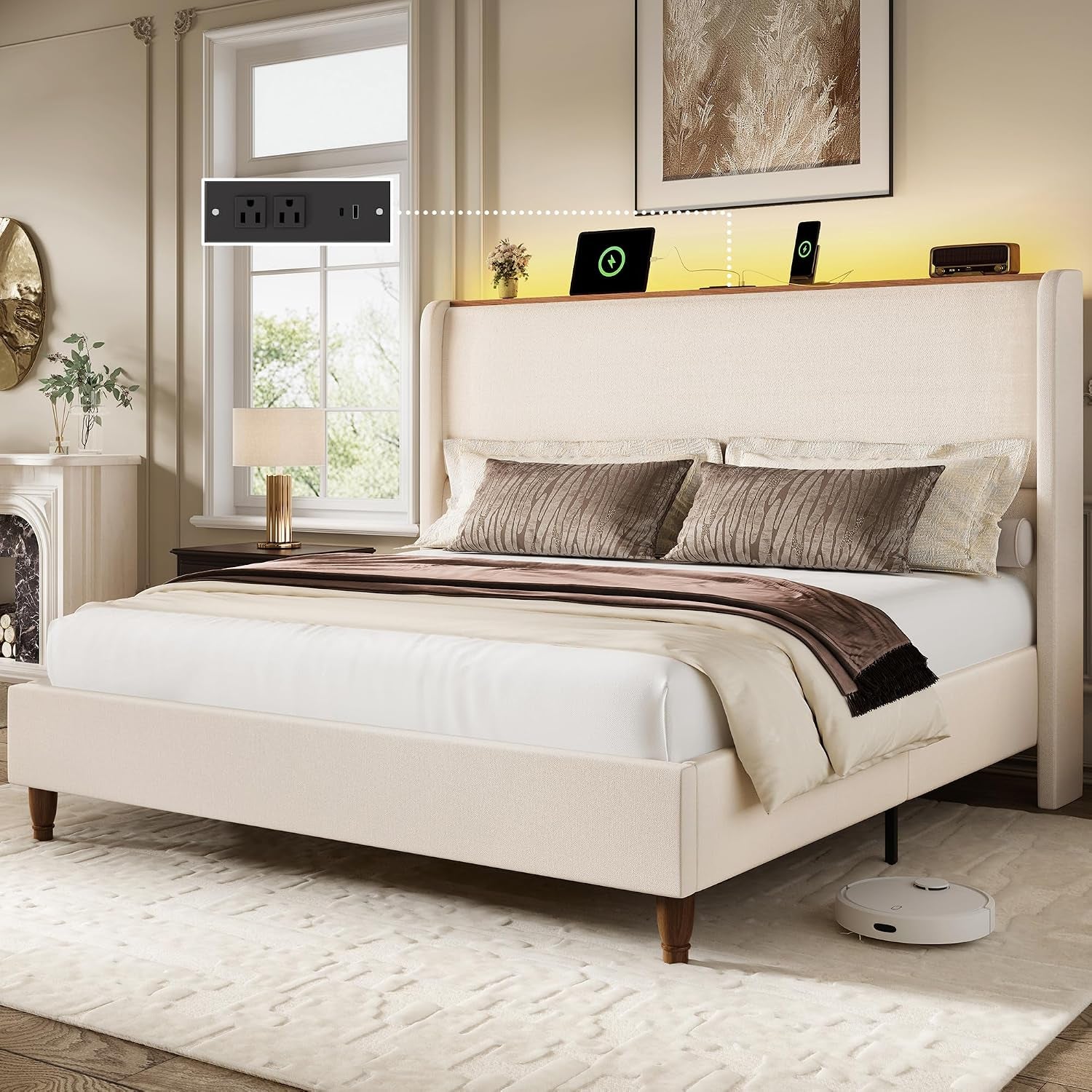 Queen Size Bed Frame with 51.2" Tall Headboard Wingback Linen Upholstered Platform Bed Frame with LED Lights and Charging Station, Storage Shelf, No Box Spring Needed, Noise-Free, Beige