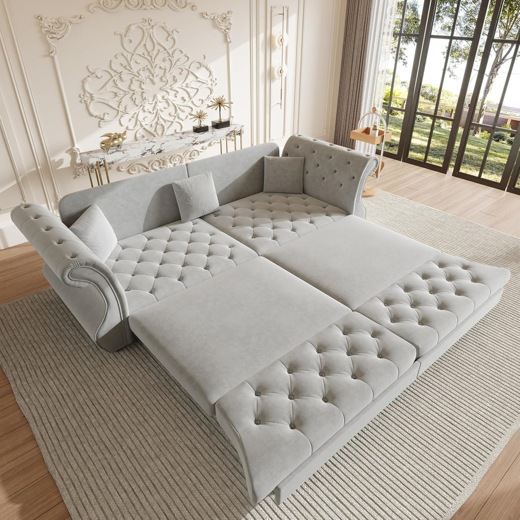 Sleeper Sofa Bed 97.6", Velvet Pull Out Couch, Chesterfield Sofa, Gray