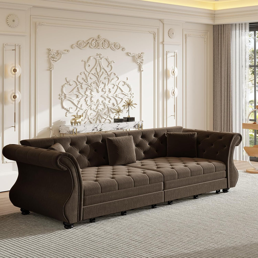 Sleeper Sofa Bed 97.6", Velvet Pull Out Couch, Chesterfield Sofa, Brown
