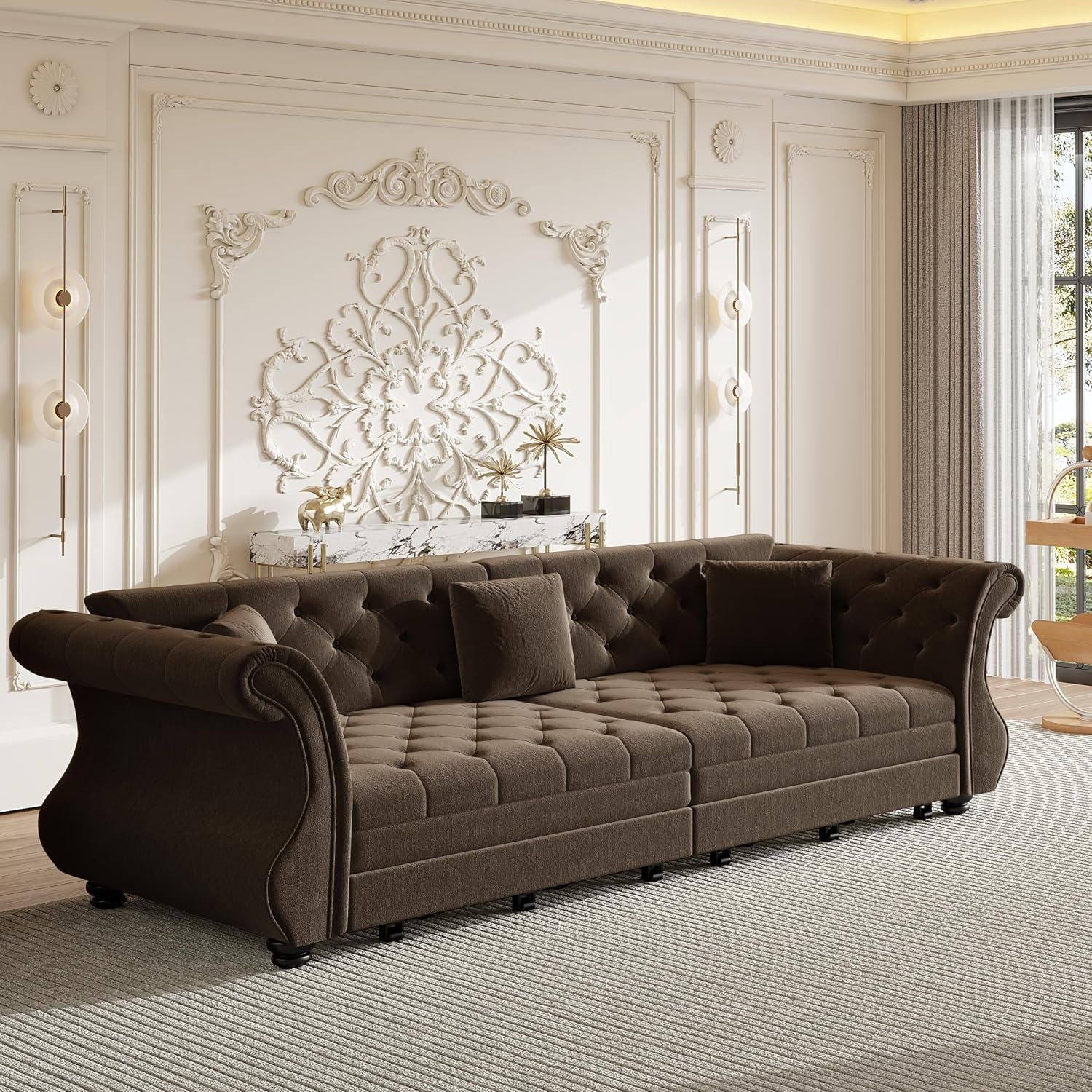 Sleeper Sofa Bed 97.6", Velvet Pull Out Couch, Chesterfield Sofa, Brown