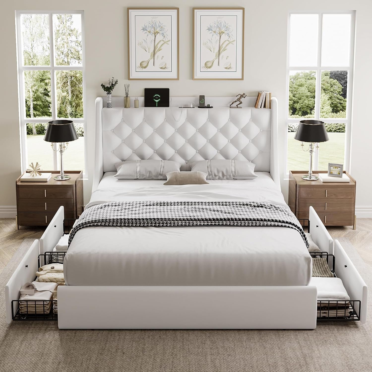 Queen Bed Frame with 4 Storage Drawers, Huge Upholstered Wingback Headboard, Fast Charging Station, No Box Spring Needed, Noise-Free, White