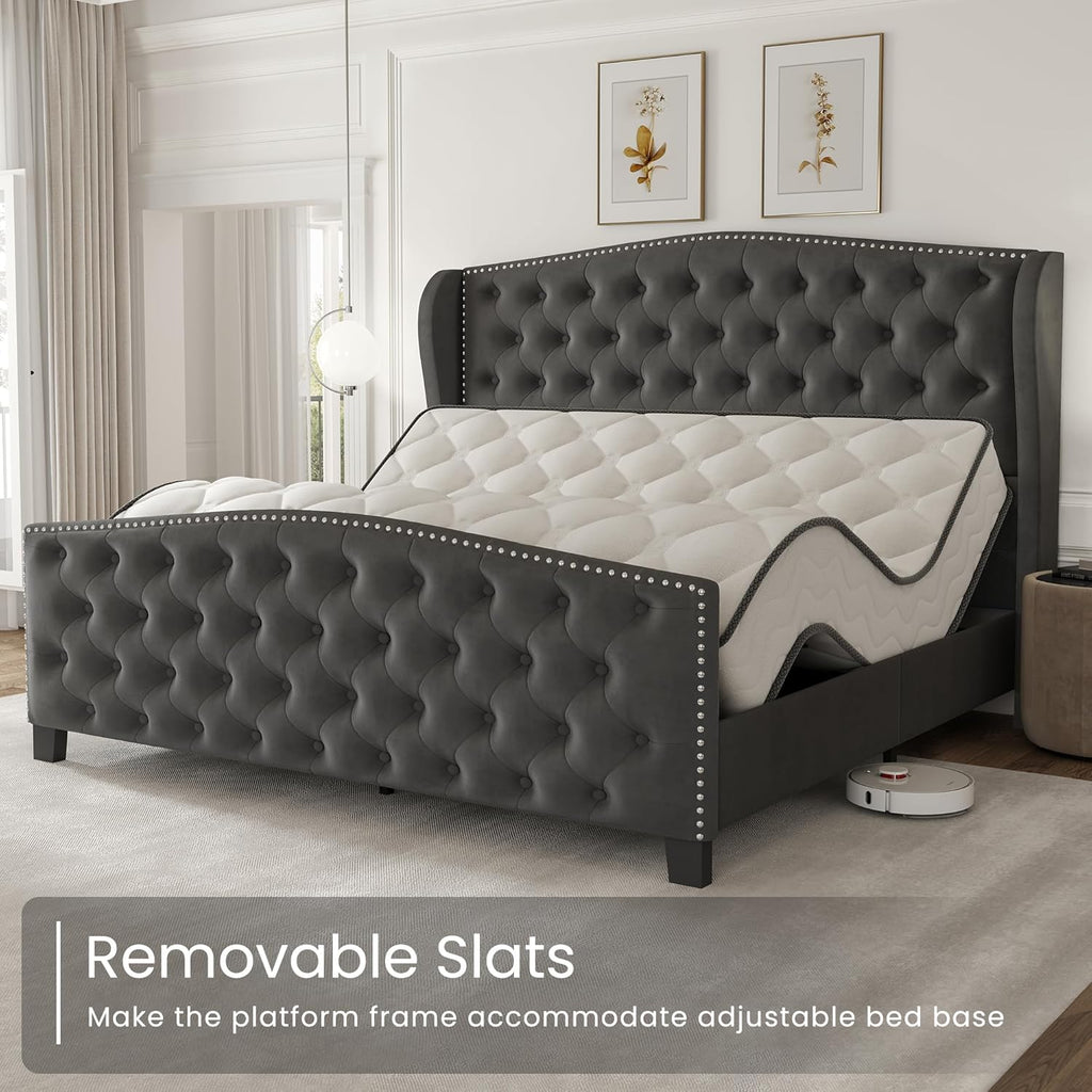 Queen Size Bed Frame Velvet Upholstered Platform Bed with Wingback Headboard & Footbaord, Deep Button Tufted Bed Frame with Wood Slats Support, No Box Spring Needed, Grey