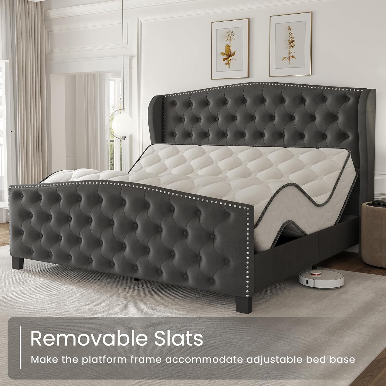 Queen Size Bed Frame Velvet Upholstered Platform Bed with Wingback Headboard & Footbaord, Deep Button Tufted Bed Frame with Wood Slats Support, No Box Spring Needed, Grey